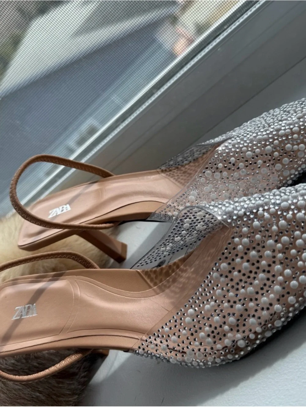 Zara Nude Pearl & Crystal Embellished Pointed Slingback Flats - Picture 2 of 3